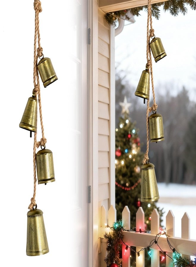 CUPLOOV Gold Bells for Christmas Decorations, Decorative 4 Metal Big Cow Bells on Jute Hanging Rope, Christmas Hanging Rustic Bells for Christmas Tree Garland Wreath Mantel Home Decor - Image 1